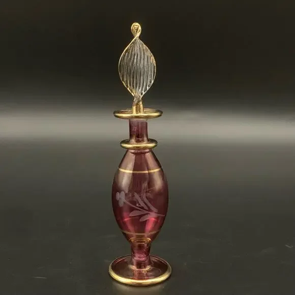 Vintage Egyptian Hand Blown Miniature Glass Empty Bottle Gold Trim Etched - Picture 3 of 14